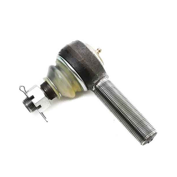 Right-hand tie rod end showing ball joint mechanism with threaded stud and grease fitting. Right-hand tie rod end showing ball joint mechanism with threaded stud and grease fitting.