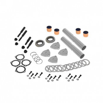 Freightliner Argosy old generation king pin repair kit showing tapered pins, bushings, and installation hardware.