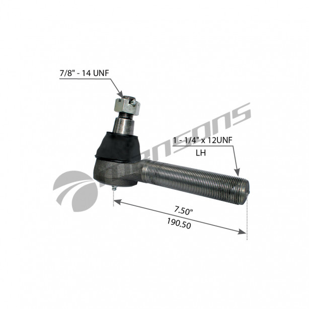 Left-hand tie rod end showing ball joint mechanism with threaded stud and grease fitting. Left-hand tie rod end showing ball joint mechanism with threaded stud and grease fitting.