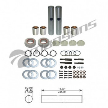 Freightliner Argosy new generation king pin kit showing tapered pins, bushings, and installation hardware.