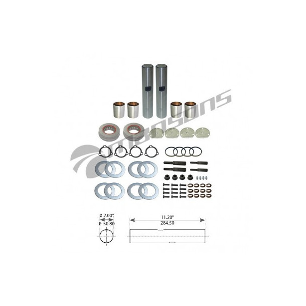 Freightliner Argosy new generation king pin kit showing tapered pins, bushings, and installation hardware.