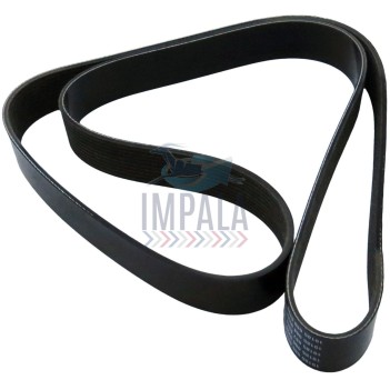 Volvo FH D13 engine serpentine auxiliary belt showing multi-ribbed EPDM construction.