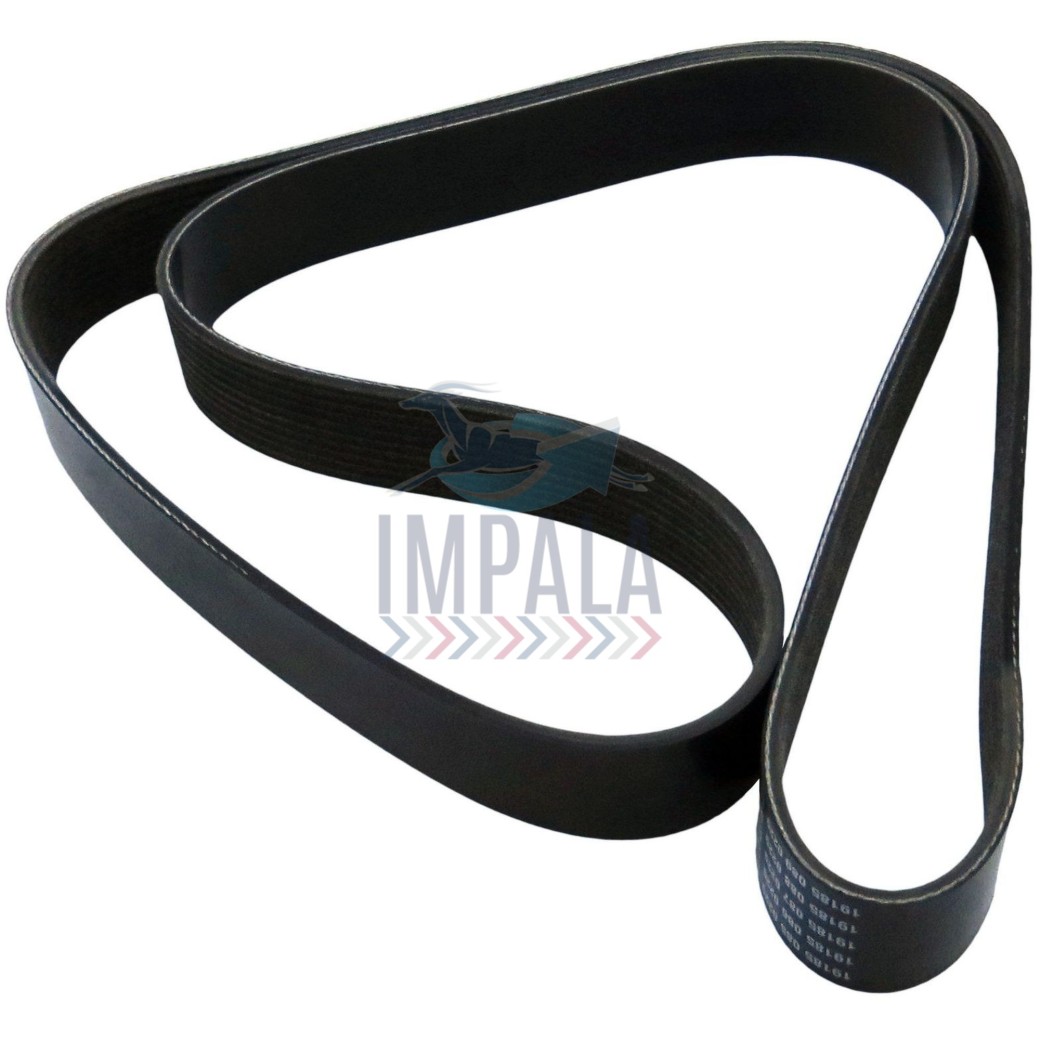 Volvo FH D13 engine serpentine auxiliary belt showing multi-ribbed EPDM construction.