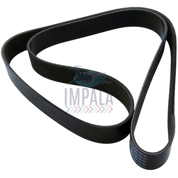Volvo FH D13 engine serpentine auxiliary belt showing multi-ribbed EPDM construction.