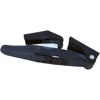 Freightliner Columbia rubber bonnet latch showing curved rubber strap with metal mounting hardware.