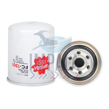 OEM-style Hino J08C engine fuel filter FC-1301 with metal canister and mounting bracket.