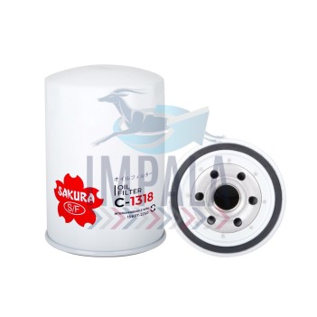 Spin-on Hino N04C engine oil filter C-1318 with metal housing and anti-drain back valve (2009-2019 models).
