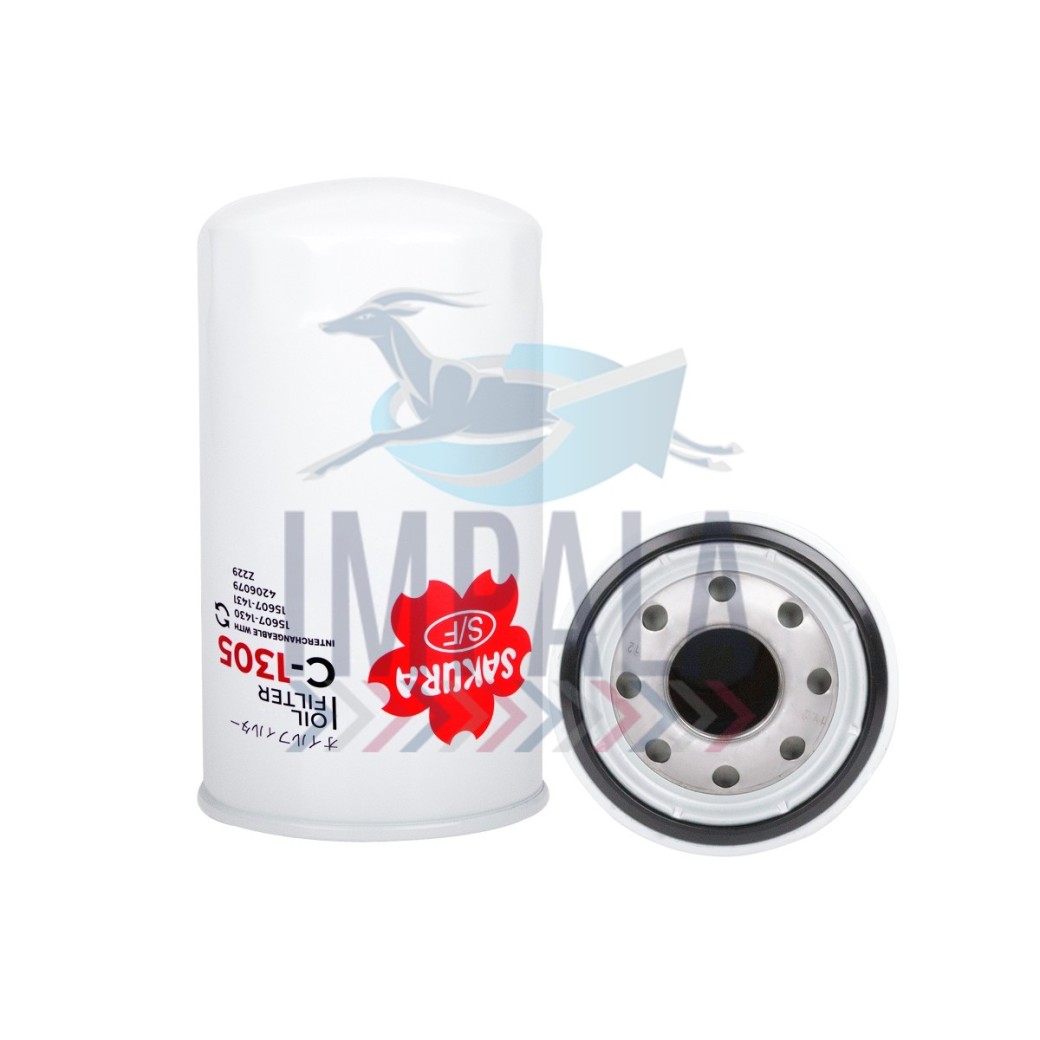 Spin-on Isuzu 6HK1-TCS engine oil filter C-1305 with metal housing and anti-drain valve.
