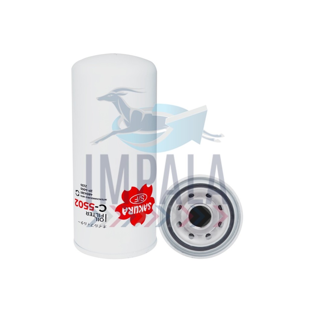 Spin-on Caterpillar C12/C15 heavy-duty oil filter C-5502 with metal housing and anti-drain back valve.