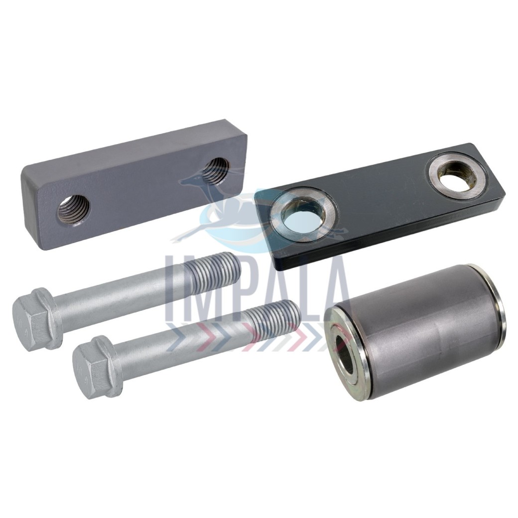Volvo FH FM Version 4 suspension spring bush kit showing polyurethane/metal bushings and mounting hardware.