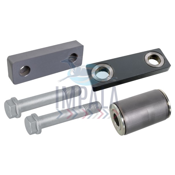 Volvo FH FM Version 4 suspension spring bush kit showing polyurethane/metal bushings and mounting hardware. Volvo FH FM Version 4 suspension spring bush kit showing polyurethane/metal bushings and mounting hardware.