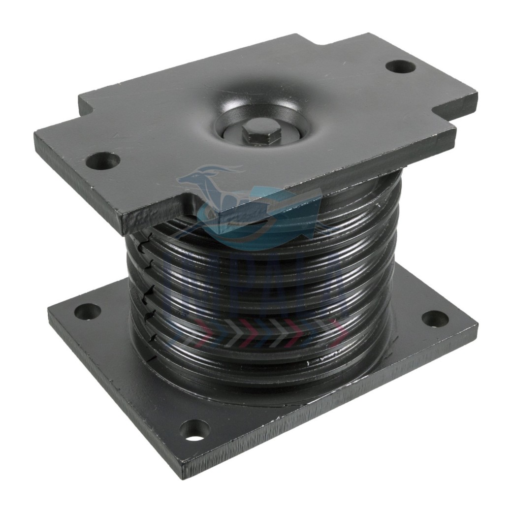 Volvo FH/FM Version 4 rear suspension rubber spring showing cylindrical rubber block with metal mounting plates.