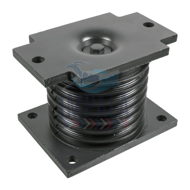 Volvo FH/FM Version 4 rear suspension rubber spring showing cylindrical rubber block with metal mounting plates. Volvo FH/FM Version 4 rear suspension rubber spring showing cylindrical rubber block with metal mounting plates.