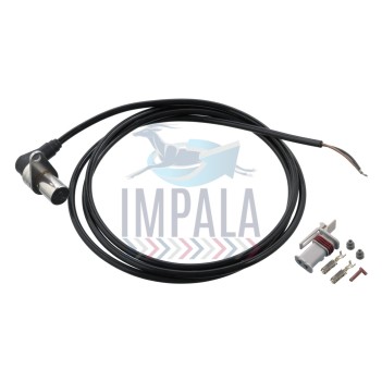 Scania DC13 engine crankshaft position sensor showing cylindrical metal housing with electrical connector and mounting bracket.