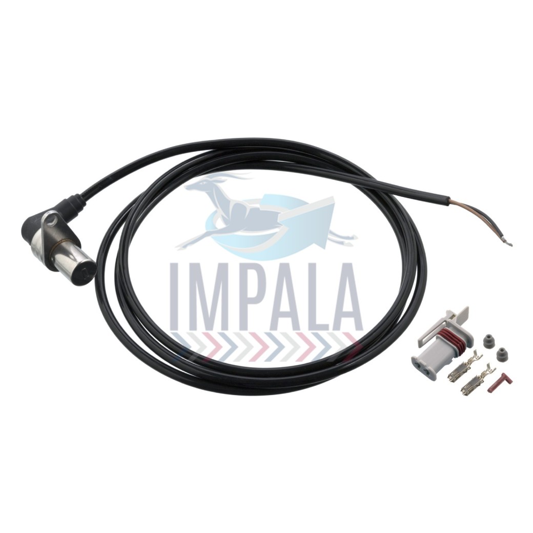 Scania DC13 engine crankshaft position sensor showing cylindrical metal housing with electrical connector and mounting bracket.