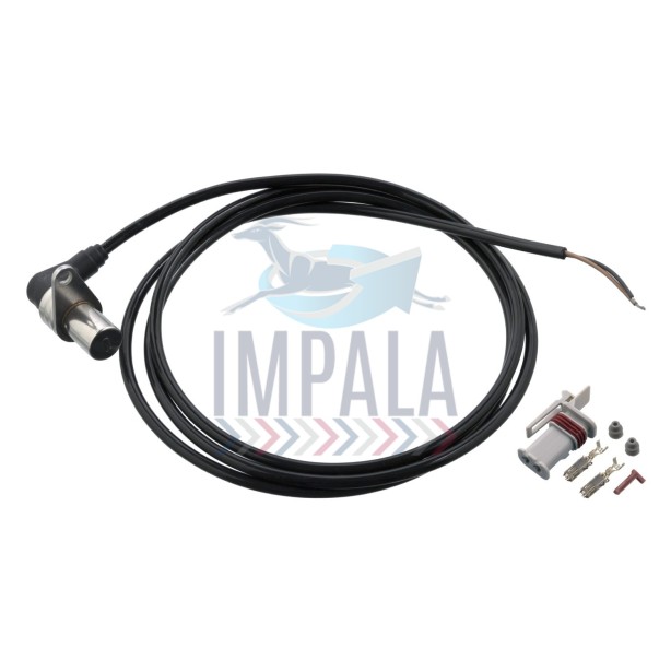 Scania DC13 engine crankshaft position sensor showing cylindrical metal housing with electrical connector and mounting bracket.