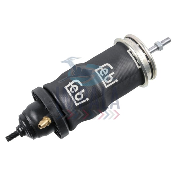 Scania R500 front cab air suspension airbag assembly showing convoluted rubber spring, piston plate, and mounting bolts. Scania R500 front cab air suspension airbag assembly showing convoluted rubber spring, piston plate, and mounting bolts.