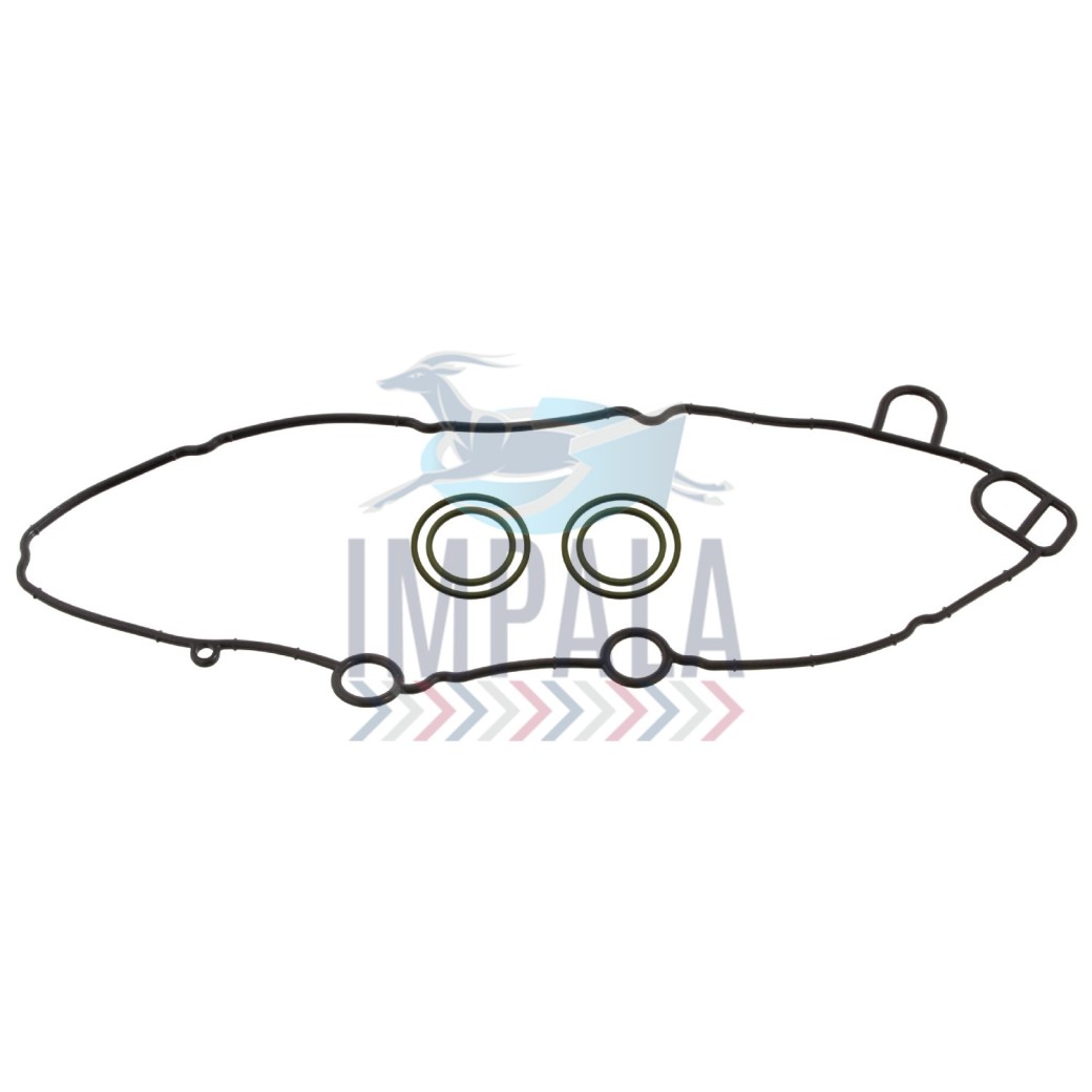 Scania DC13 engine oil cooler gasket set showing multi-layer paper/rubber seals and O-rings.