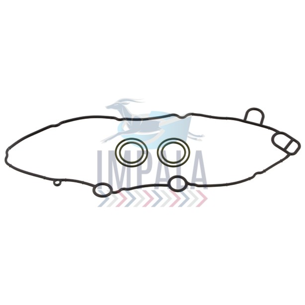 Scania DC13 engine oil cooler gasket set showing multi-layer paper/rubber seals and O-rings.