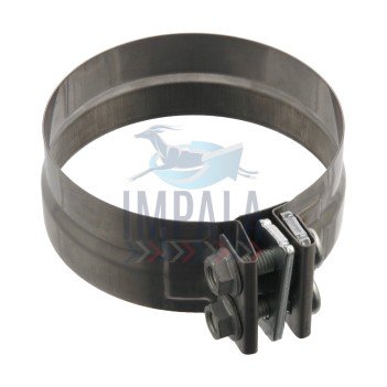 Volvo truck 5-inch stainless steel step exhaust clamp with U-bolt and tapered saddle design.