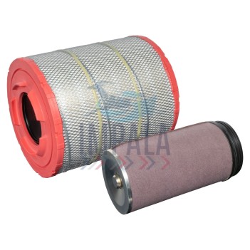 Volvo FH Version 4 rectangular air filter kit showing primary/secondary filters with pleated media.