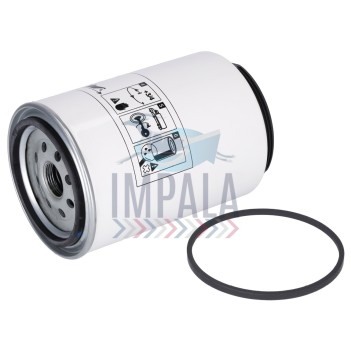 Scania DC13 engine spin-on fuel water separator with metal housing, drain valve, and inlet/outlet ports.