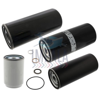 Volvo D13 engine combined fuel/water separator filter kit showing metal housing, drain valve, and mounting bracket.
