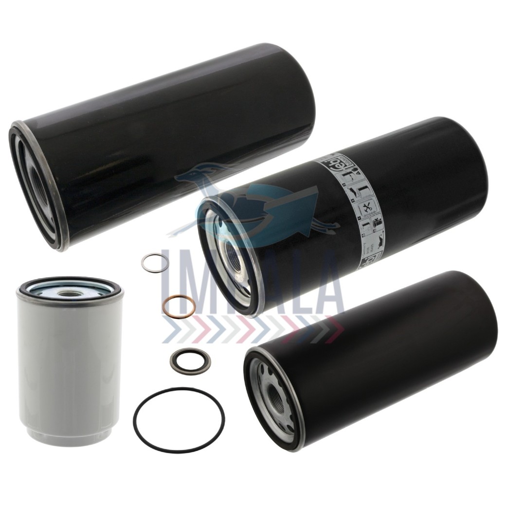 Volvo D13 engine combined fuel/water separator filter kit showing metal housing, drain valve, and mounting bracket.