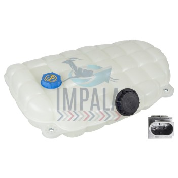 Volvo FM truck coolant header tank showing translucent reservoir, level indicator, and hose connection ports.