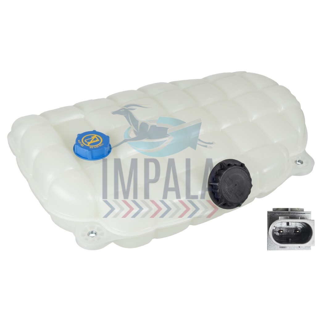 Volvo FM truck coolant header tank showing translucent reservoir, level indicator, and hose connection ports.