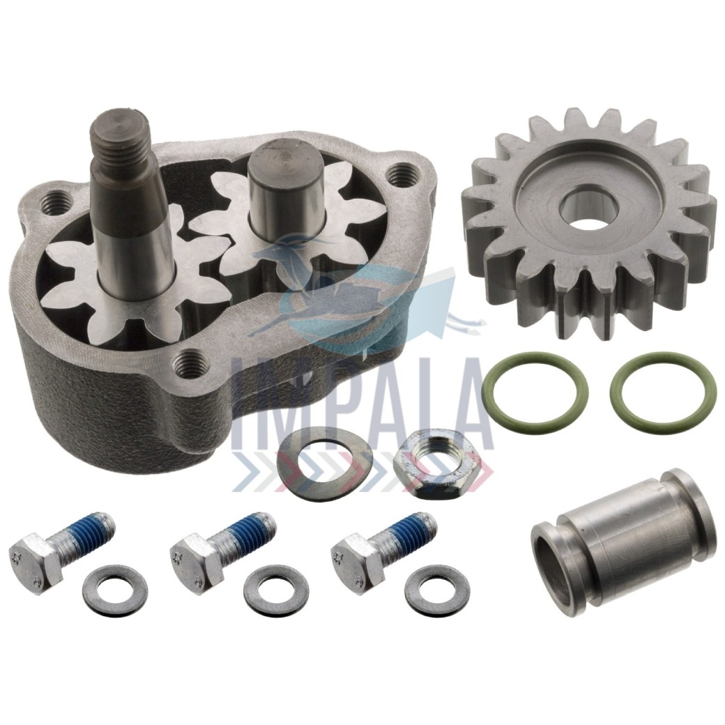 MAN D0836 engine oil pump assembly showing gear rotor mechanism and mounting flange.