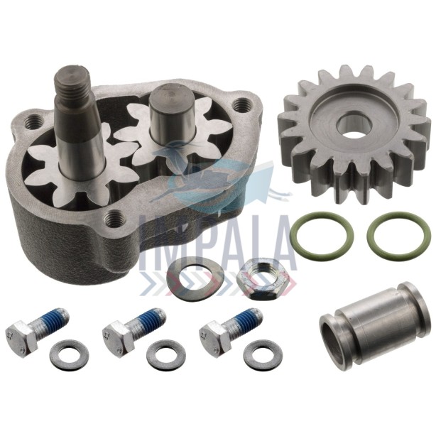 MAN D0836 engine oil pump assembly showing gear rotor mechanism and mounting flange. MAN D0836 engine oil pump assembly showing gear rotor mechanism and mounting flange.