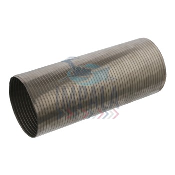 Volvo D12 engine exhaust flex pipe with corrugated metal section and flanged connections.
