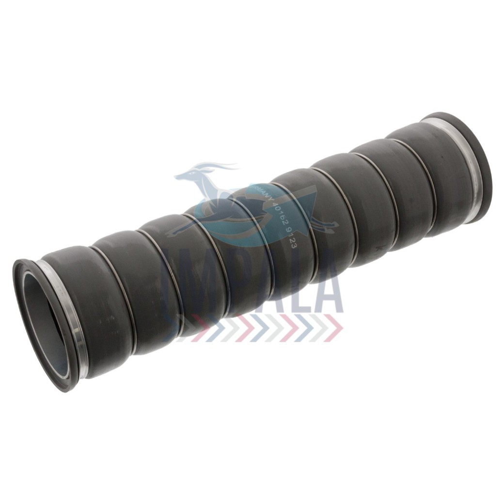 Volvo FH12 D12C V1 charger intake hose showing flexible hose section with clamps and turbocharger connection.