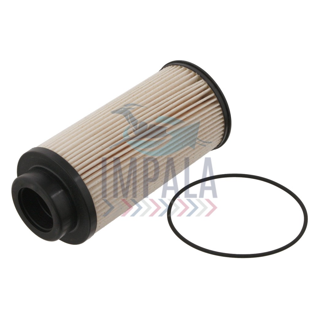Scania DC13 DC16 fuel filter showing filter element and connections for fuel lines.