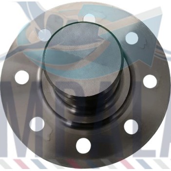 Heavy-duty steel king pin showing cylindrical body with mounting flange for trailer coupling.