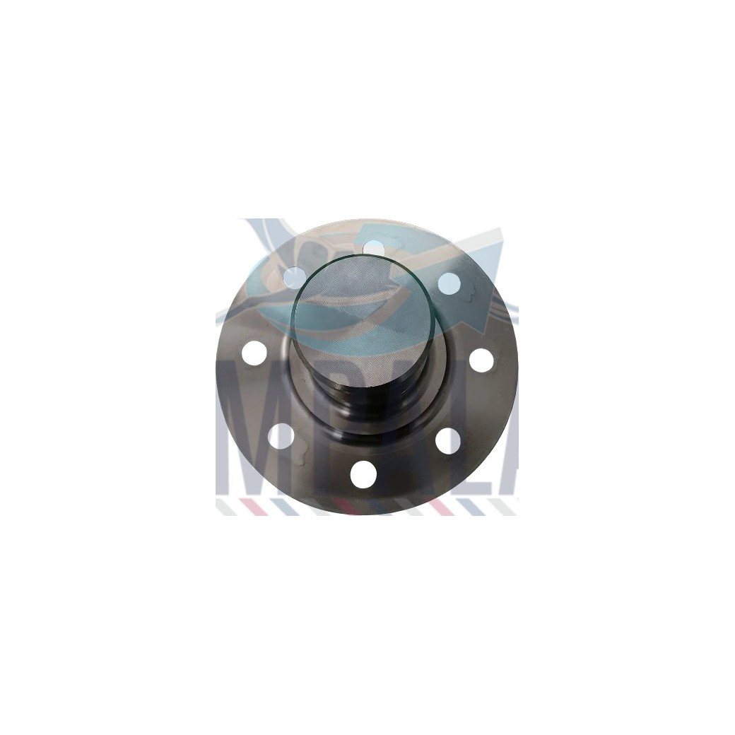 Heavy-duty steel king pin showing cylindrical body with mounting flange for trailer coupling.