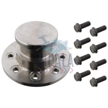 Heavy-duty steel king pin with cylindrical body and mounting flange for trailer coupling systems.