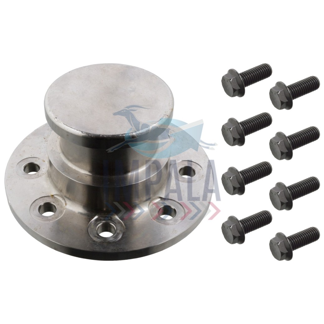 Heavy-duty steel king pin with cylindrical body and mounting flange for trailer coupling systems.